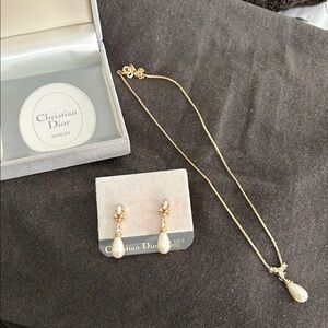 Dior Gold Tone Necklace & Pearl Drop Earrings — Gold and White